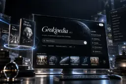 صفحه اصلی وب‌سایت گراکی‌پدیا (Grokipedia) با کادر جستجوی آلبرت اینشتین (Albert Einstein)
