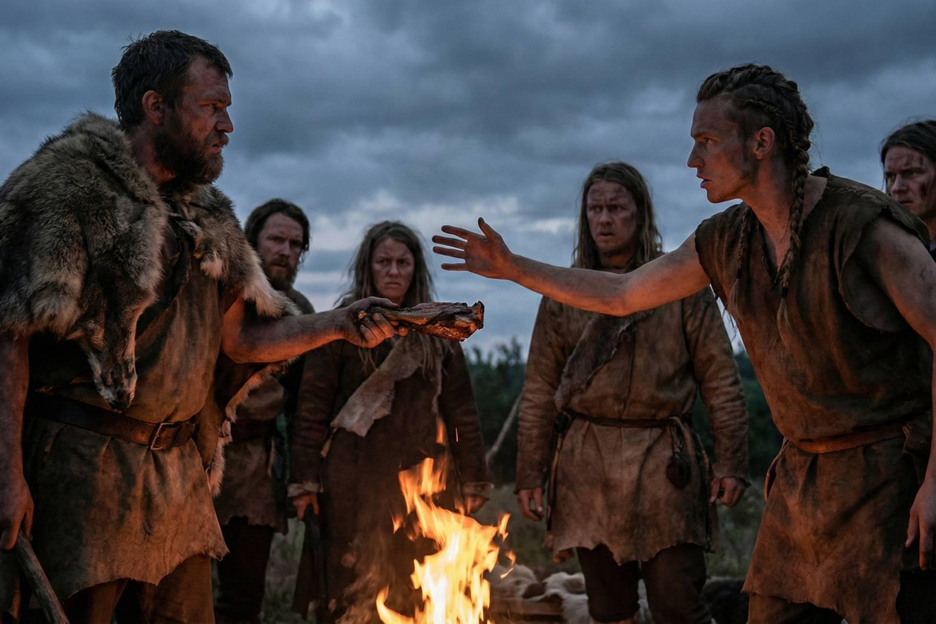 تصویرسازی گروهی از شکارچی گردآورندگان در اطراف آتش هنگام غروب. یک شکارچی با اکراه تکه‌ای گوشت را با شکارچی دیگری تقسیم می‌کند.