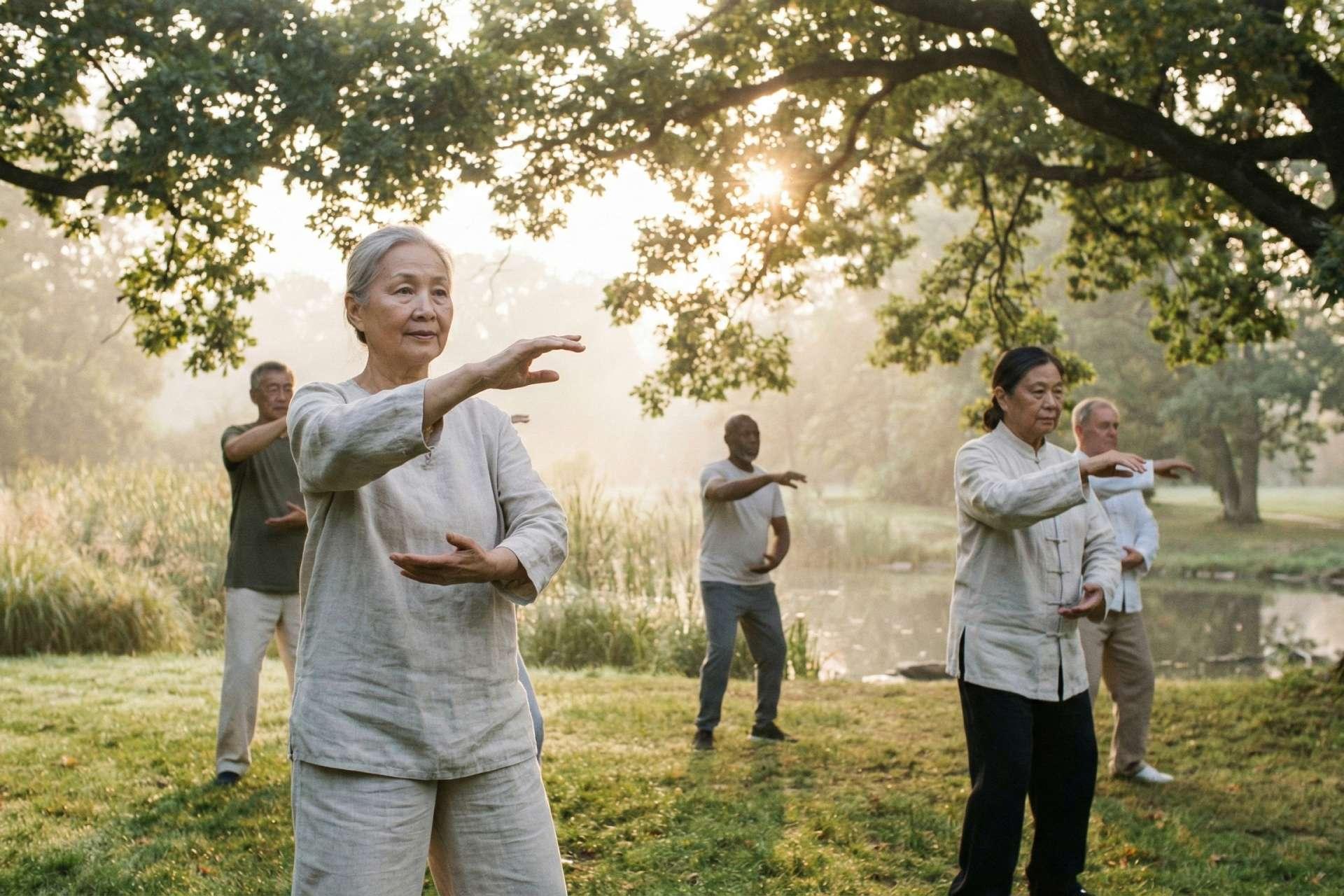 تصویرسازی گروهی از سالمندان چند نژادی در حال تمرین تای چی در یک پارک آرام هنگام طلوع آفتاب.