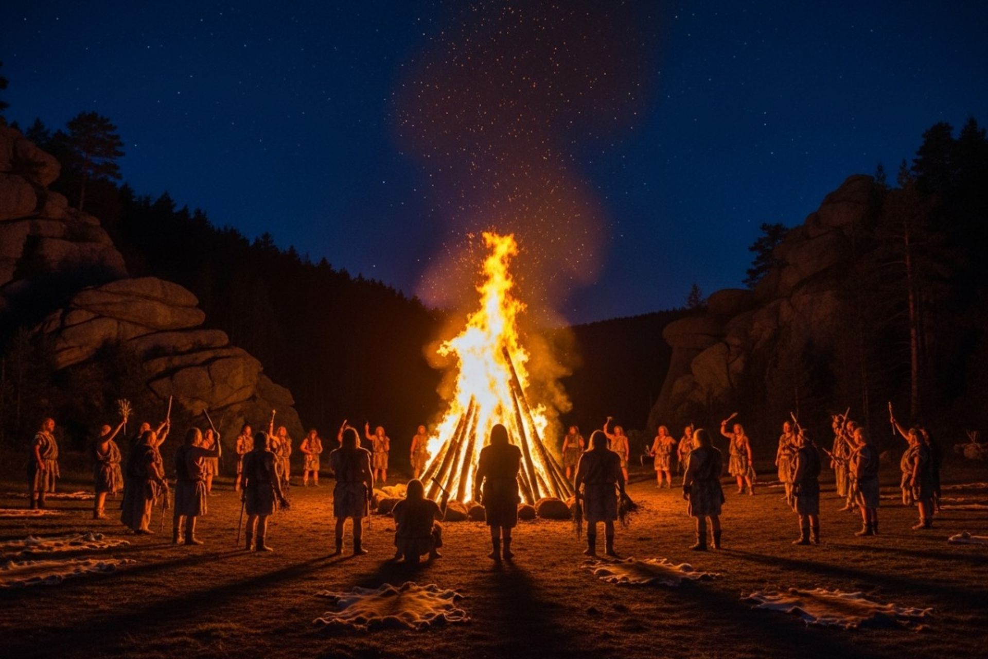 گروهی از شکارچیان-گردآورندگان عصر حجر که شبانه دور تپه عظیمی از دود ناشی از آتش جمع شده بودند و آیینی باشکوه را اجرا می‌کردند.