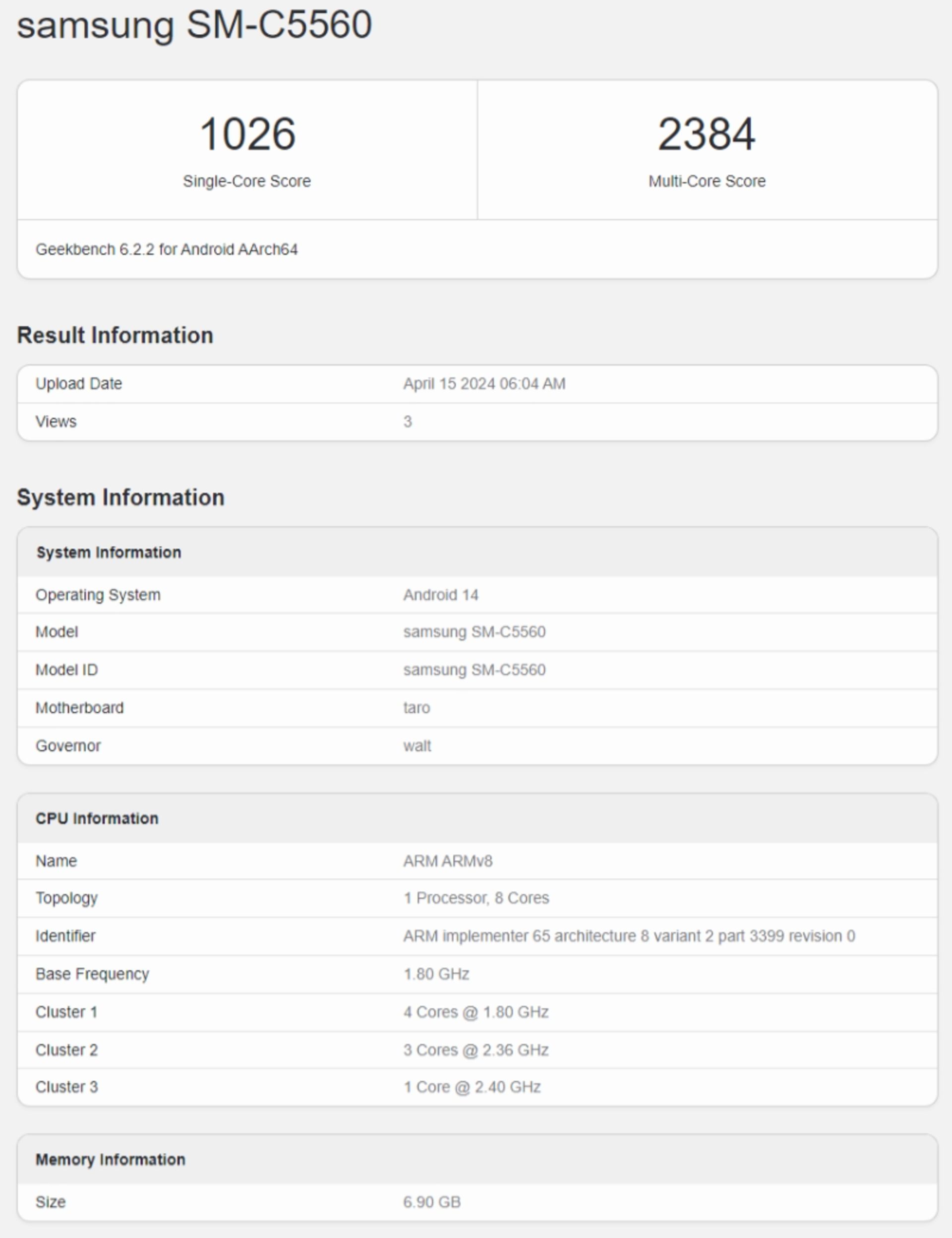 گلکسی C55 Geekbench