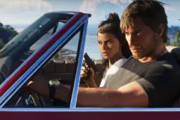 دو شخصیت بازی GTA VI (Grand Theft Auto VI) در حال رانندگی با خودروی قرمز