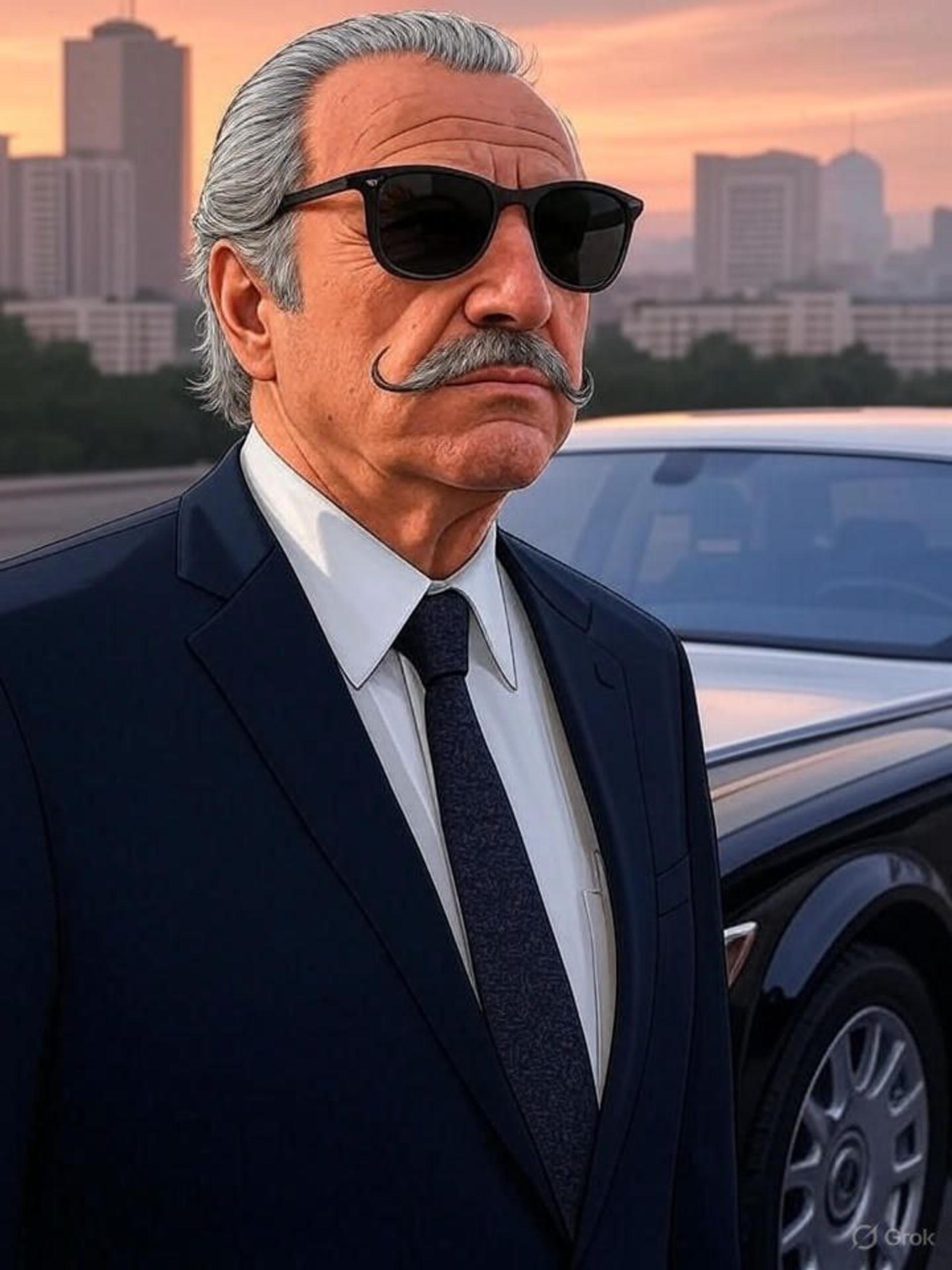 پیرمرد با کت و کراوات و عینک دودی