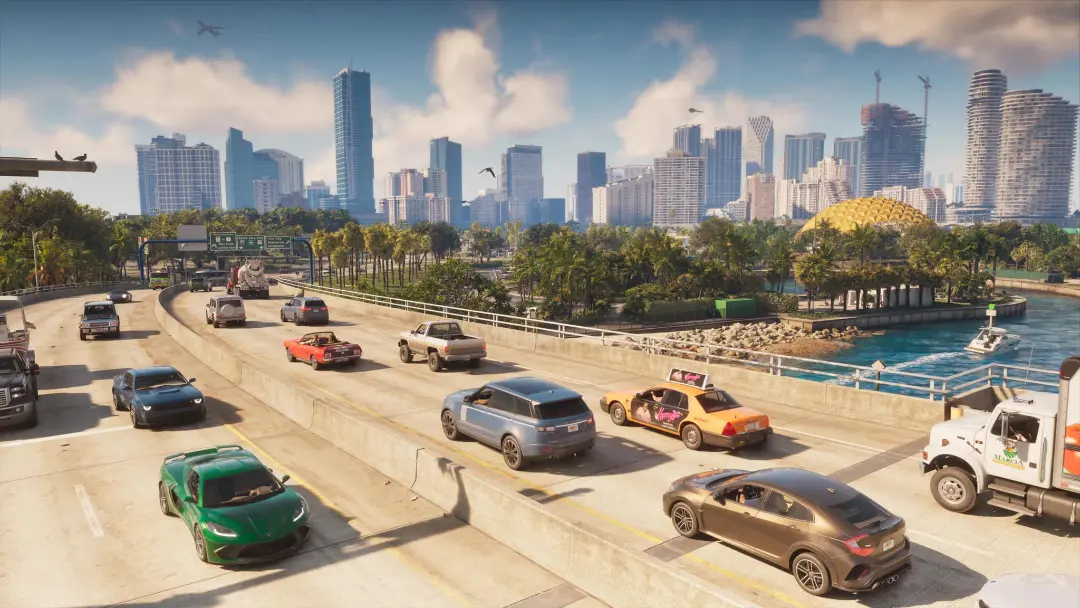 نمای شهر و بزرگراه پرتردد در محیط بازی GTA 6