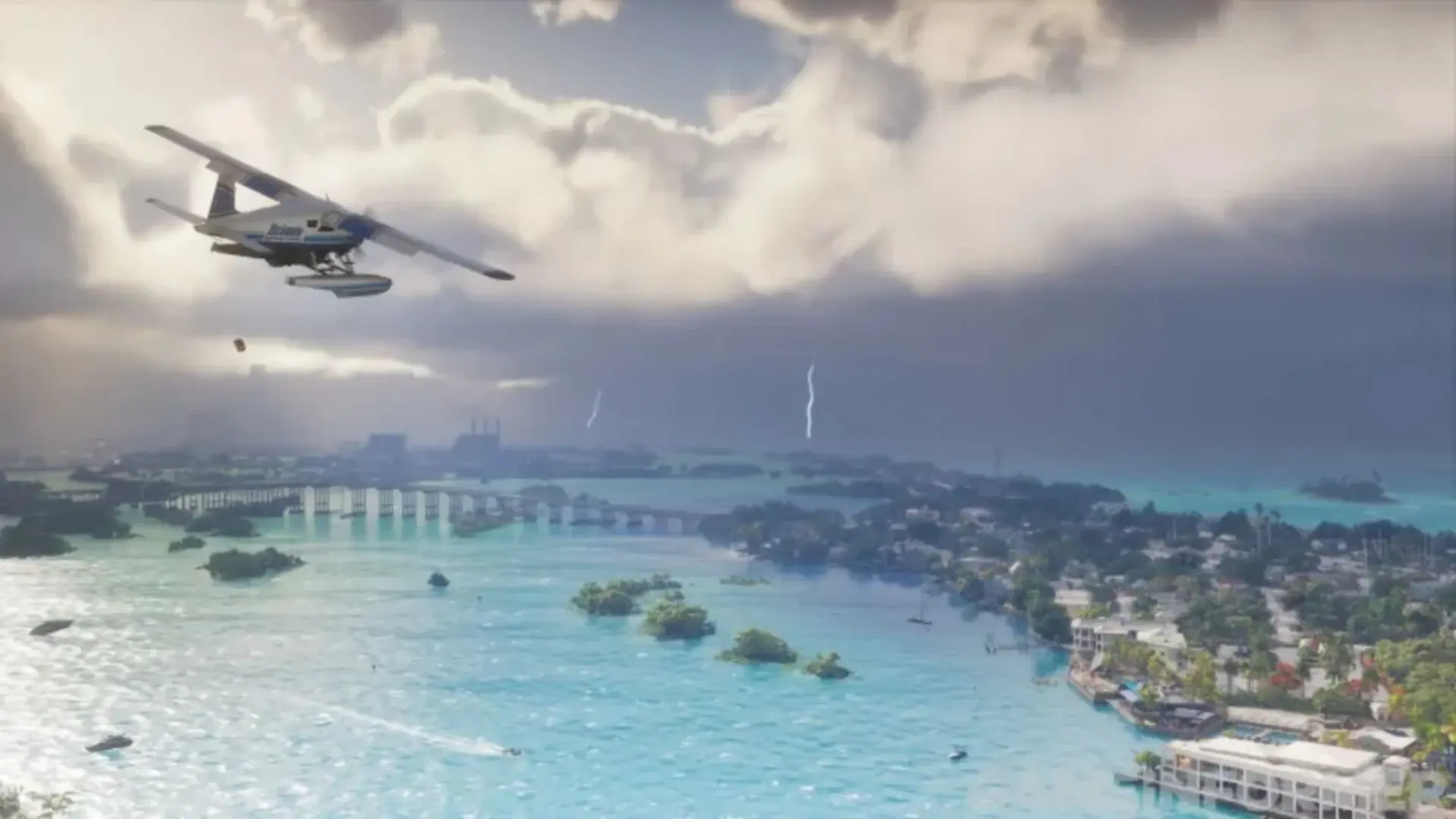 منظرهای از جزایر و اقیانوس در محیط بازی GTA 6 با آسمان طوفانی