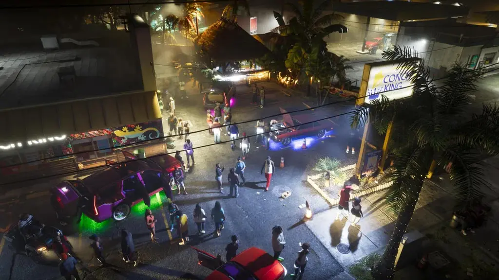 منظره‌ای از خیابان پرجنب‌وجوش در محیط بازی GTA 6 با نورپردازی شبانه