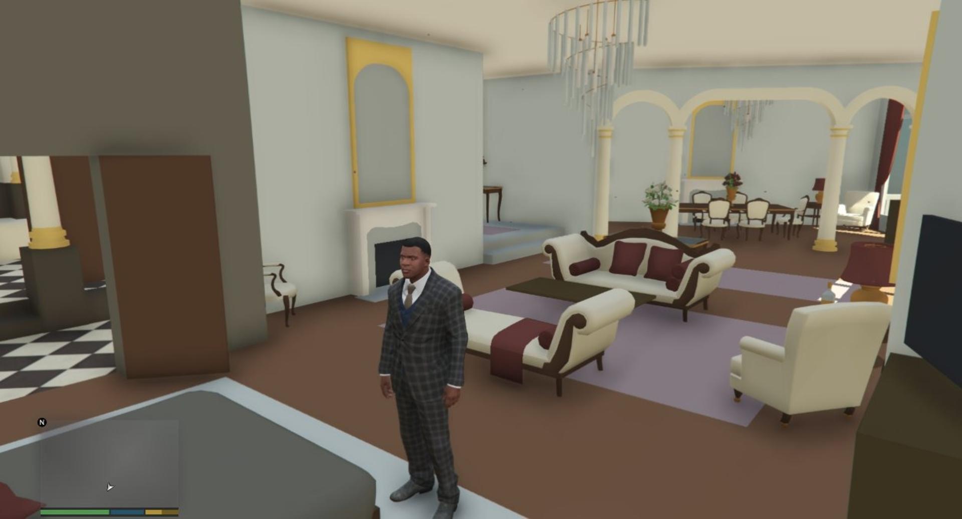 شخصیت بازی در فضای داخلی یک خانه مجلل در محیط GTA