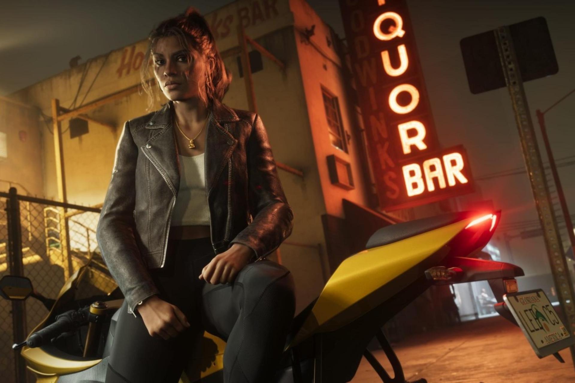 شخصیت لوسی بازی GTA 6 روی موتورسیکلت در شب