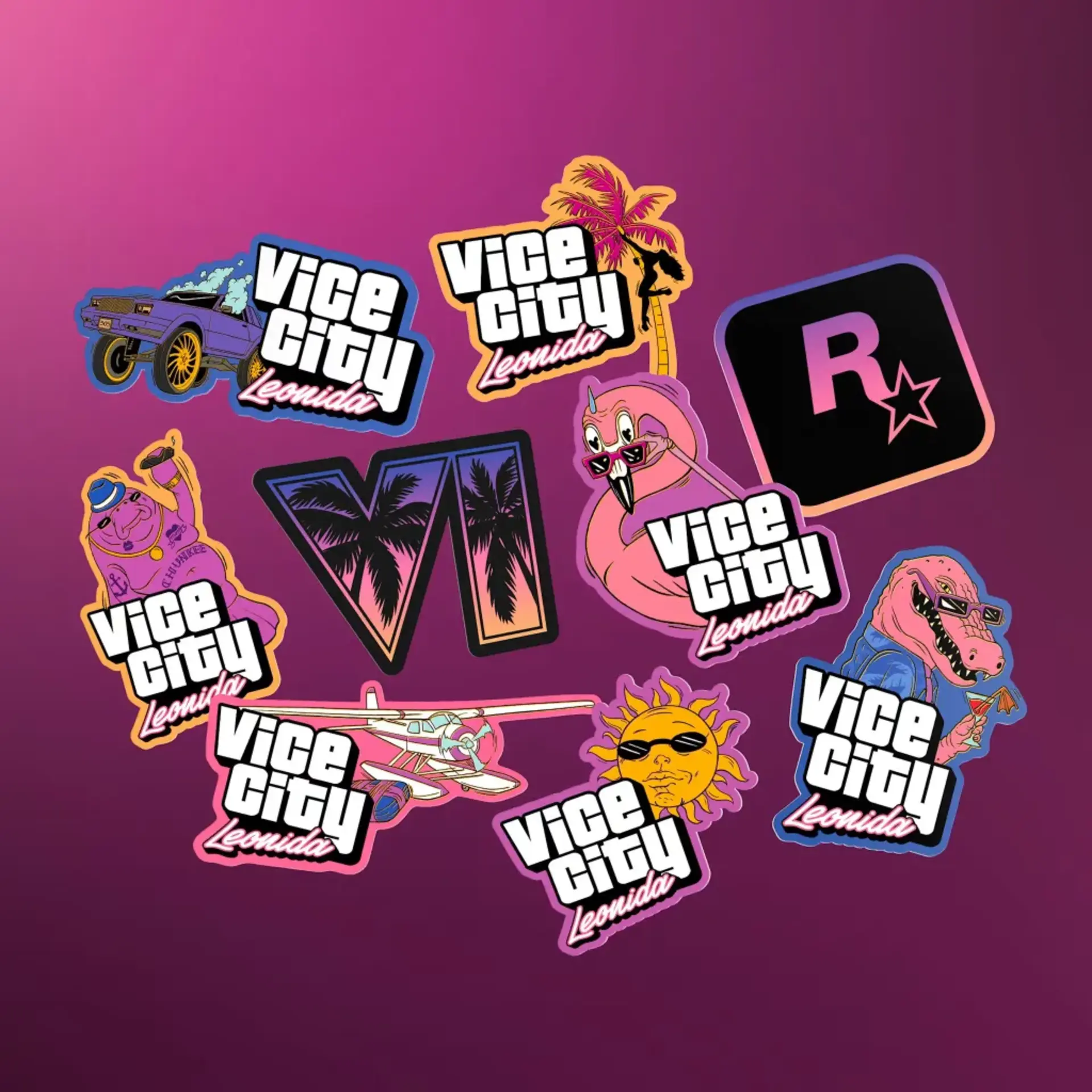 برچسبهای گرافیکی با لوگوی Vice City Leonida و نمادهای بازی GTA VI