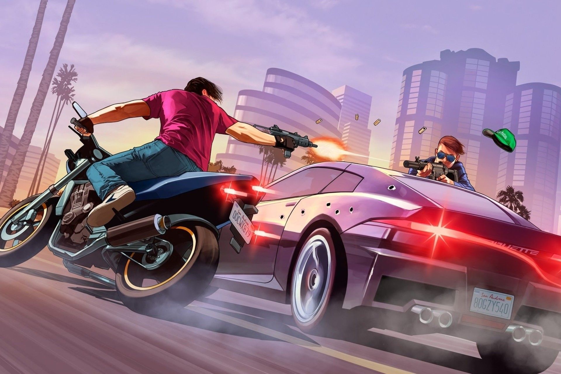 یک موتورسوار در حال شلیک به خودرو در بازی GTA