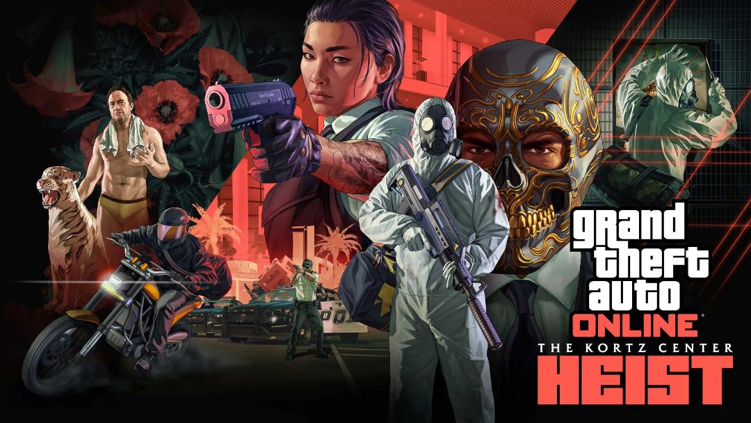 تصویر هنری و پوستر بازی Grand Theft Auto Online مربوط به ماموریت سرقت مرکز کورتز با شخصیت‌های مختلف.