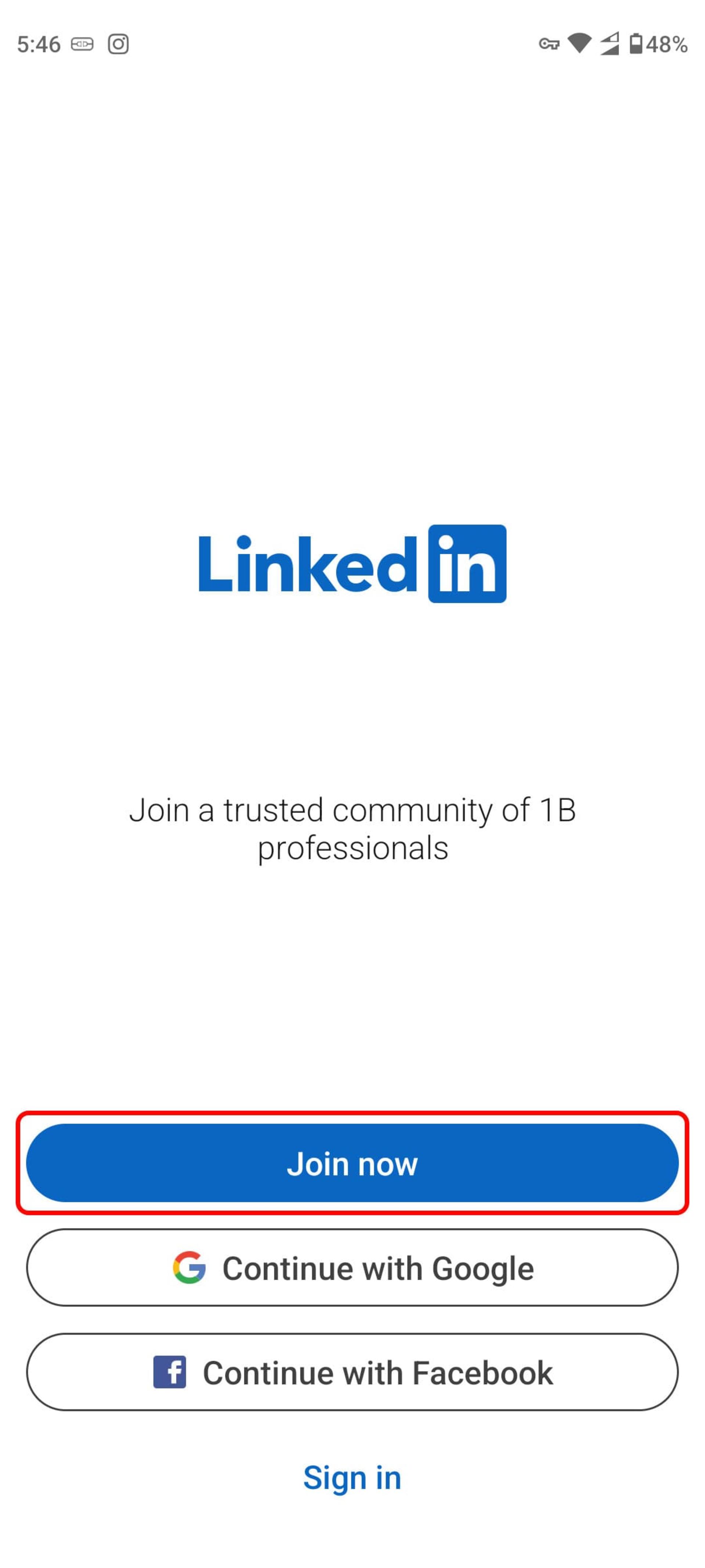 انتخاب Join Now برای ساخت اکانت لینکدین