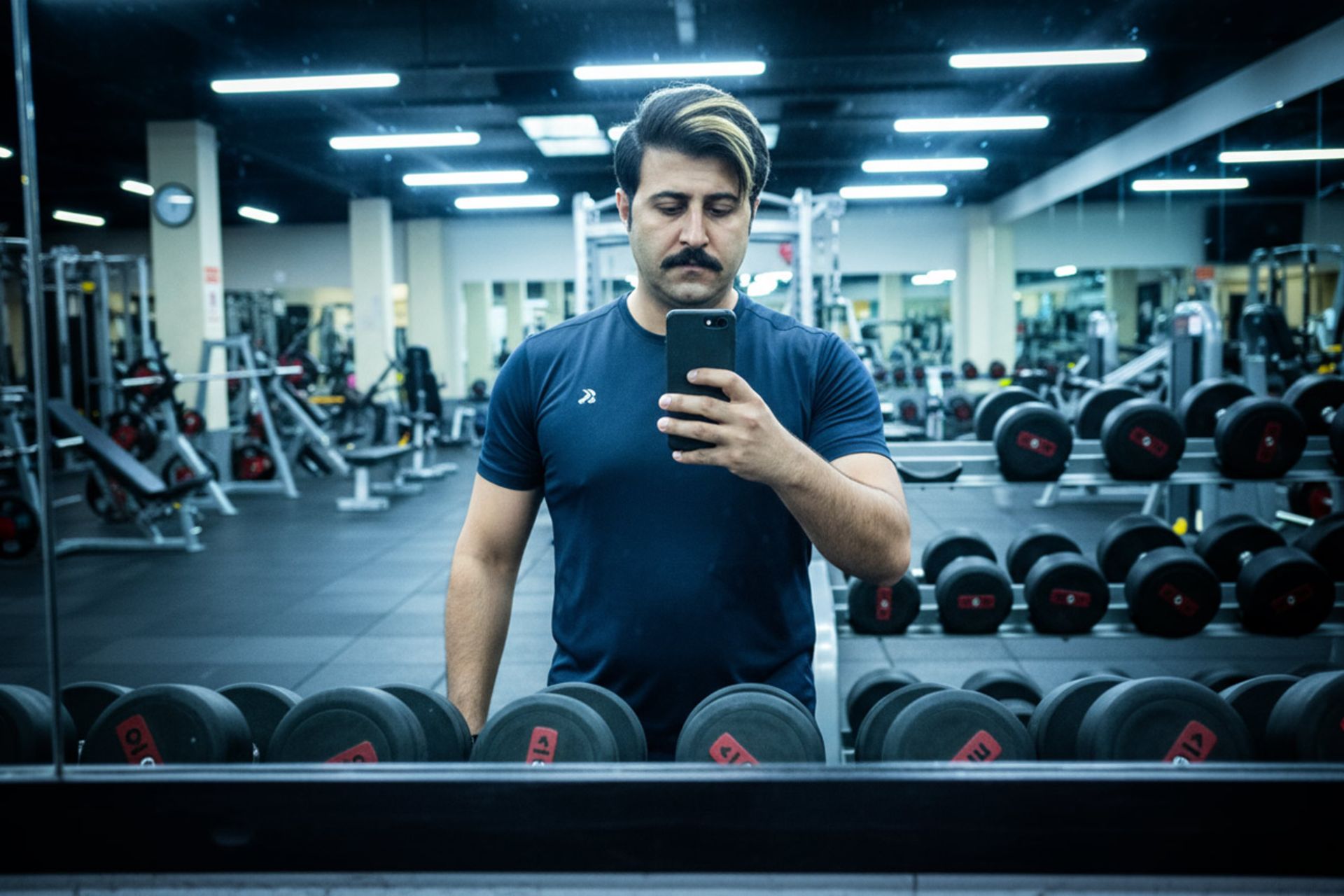 یک مرد در باشگاه در حال سلفی گرفتن