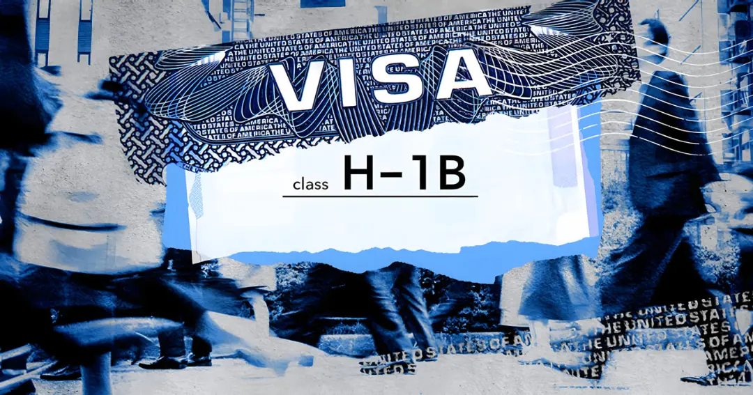 ویزای کلاس H-1B (H-1B Visa) روی پس‌زمینه‌ای از تصاویر کارگران و مستندات مهاجرتی