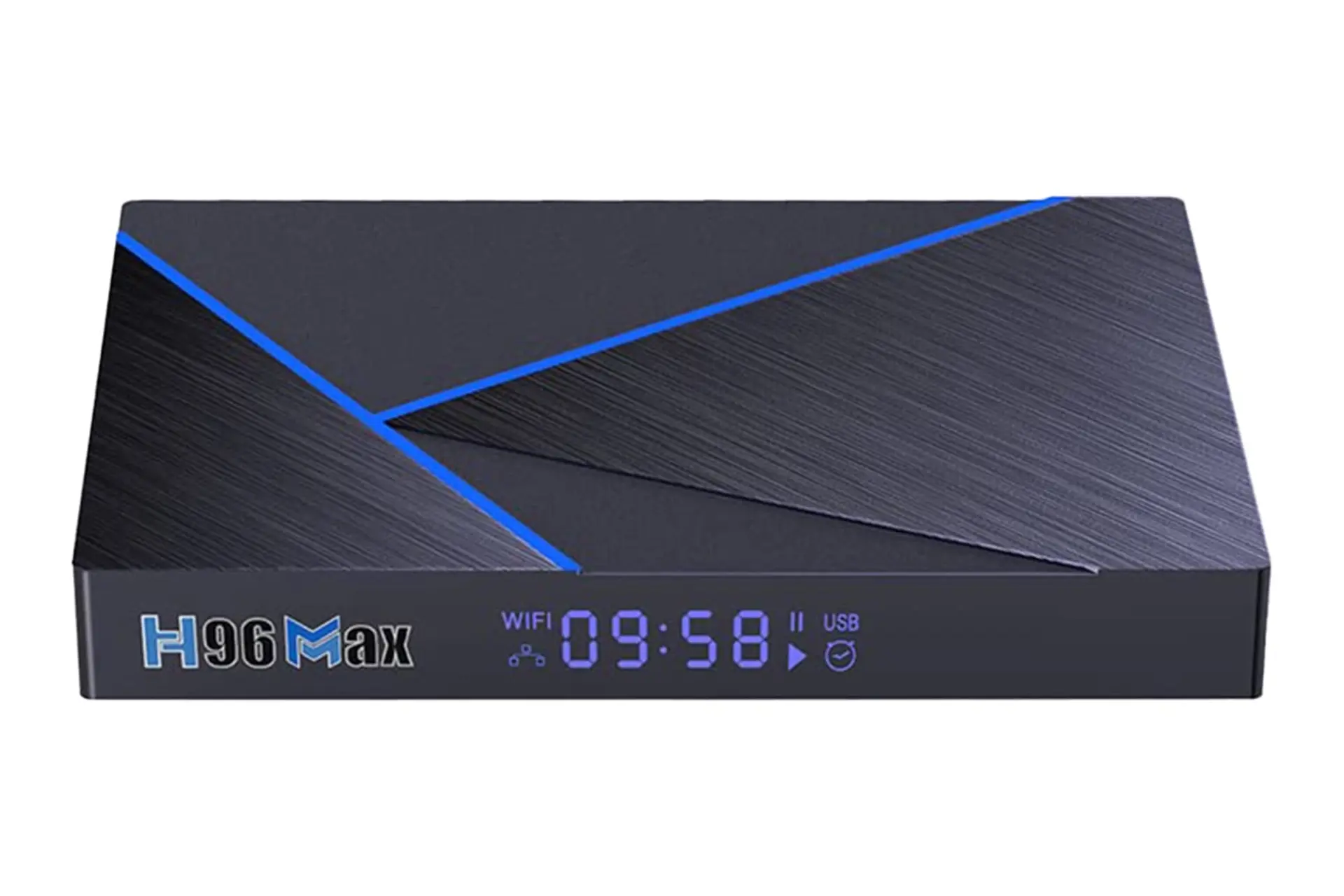 نمای رو به روی اندروید باکس اچ 96 Max V56 با نمایشگر روشن و نمایش لوگو