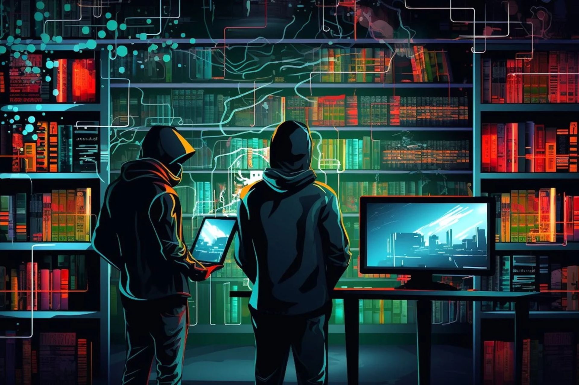 تصویر دو هکر در یک کتابخانه