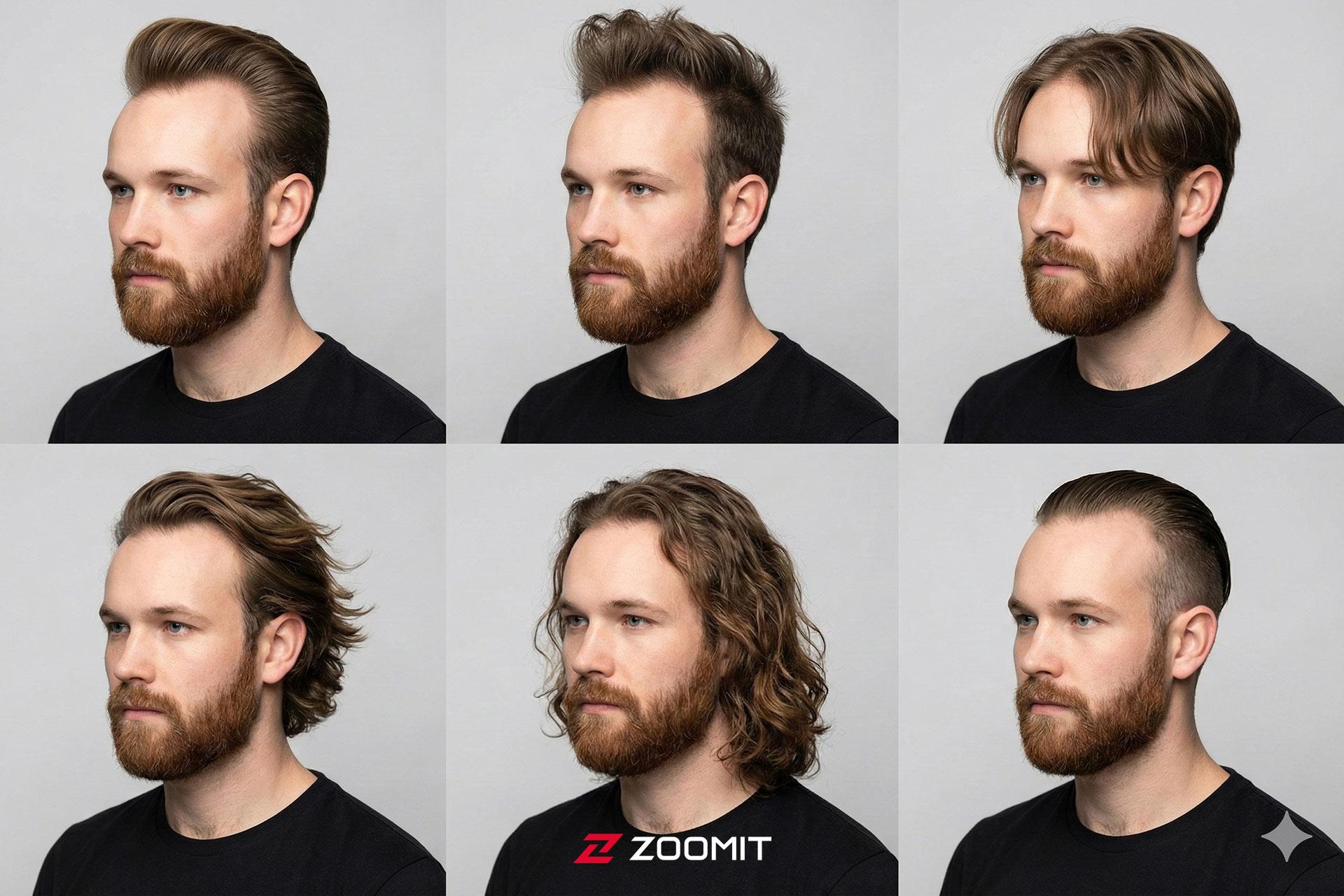 یک جدول ۲ در ۳ شامل پرتره‌ی یک مرد با مدل‌های مو متفاوت