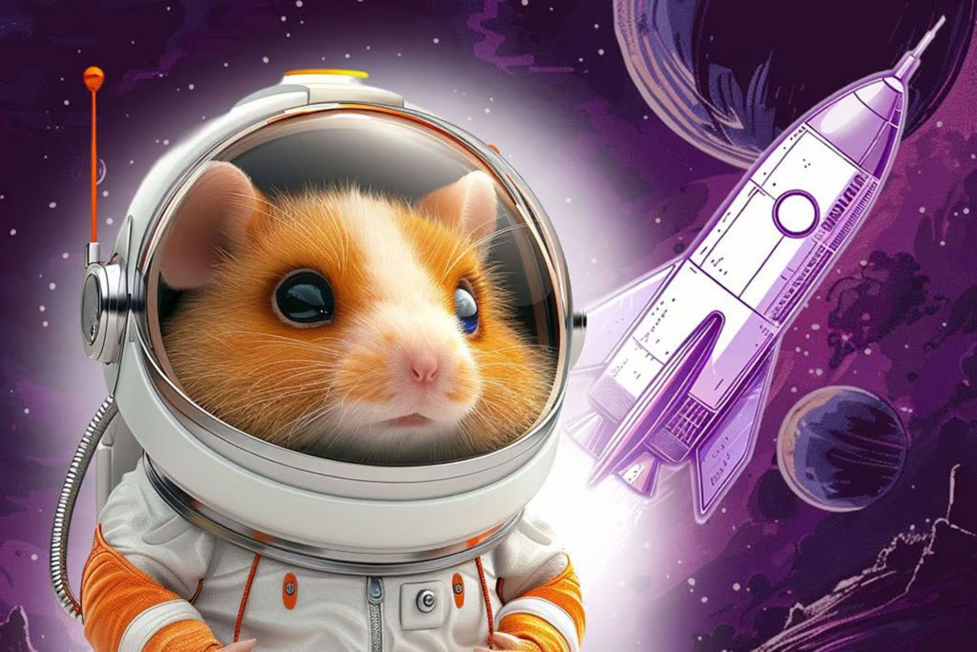 Hamster Combat hamster wearing an astronaut helmet with a rocket in the background