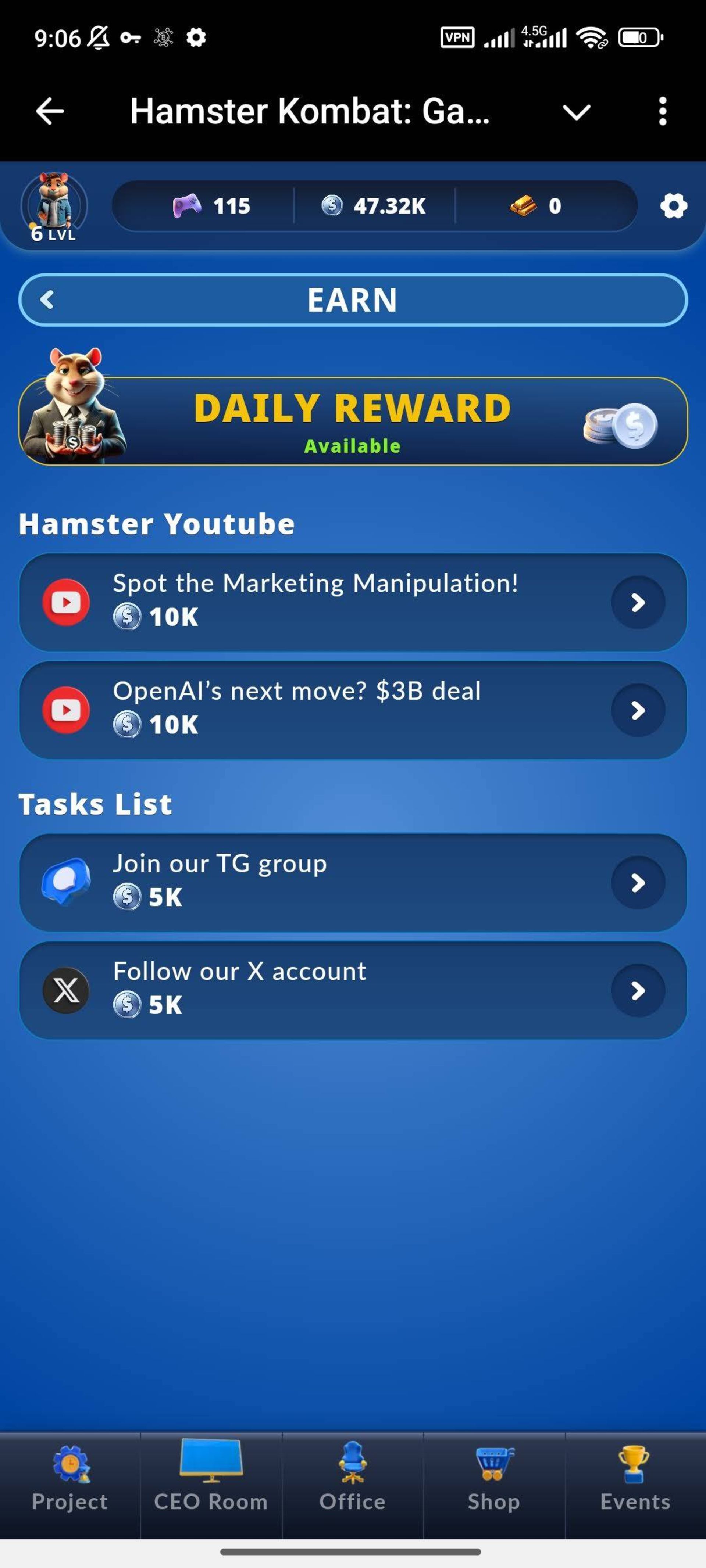 بخش Earn همستر ورس