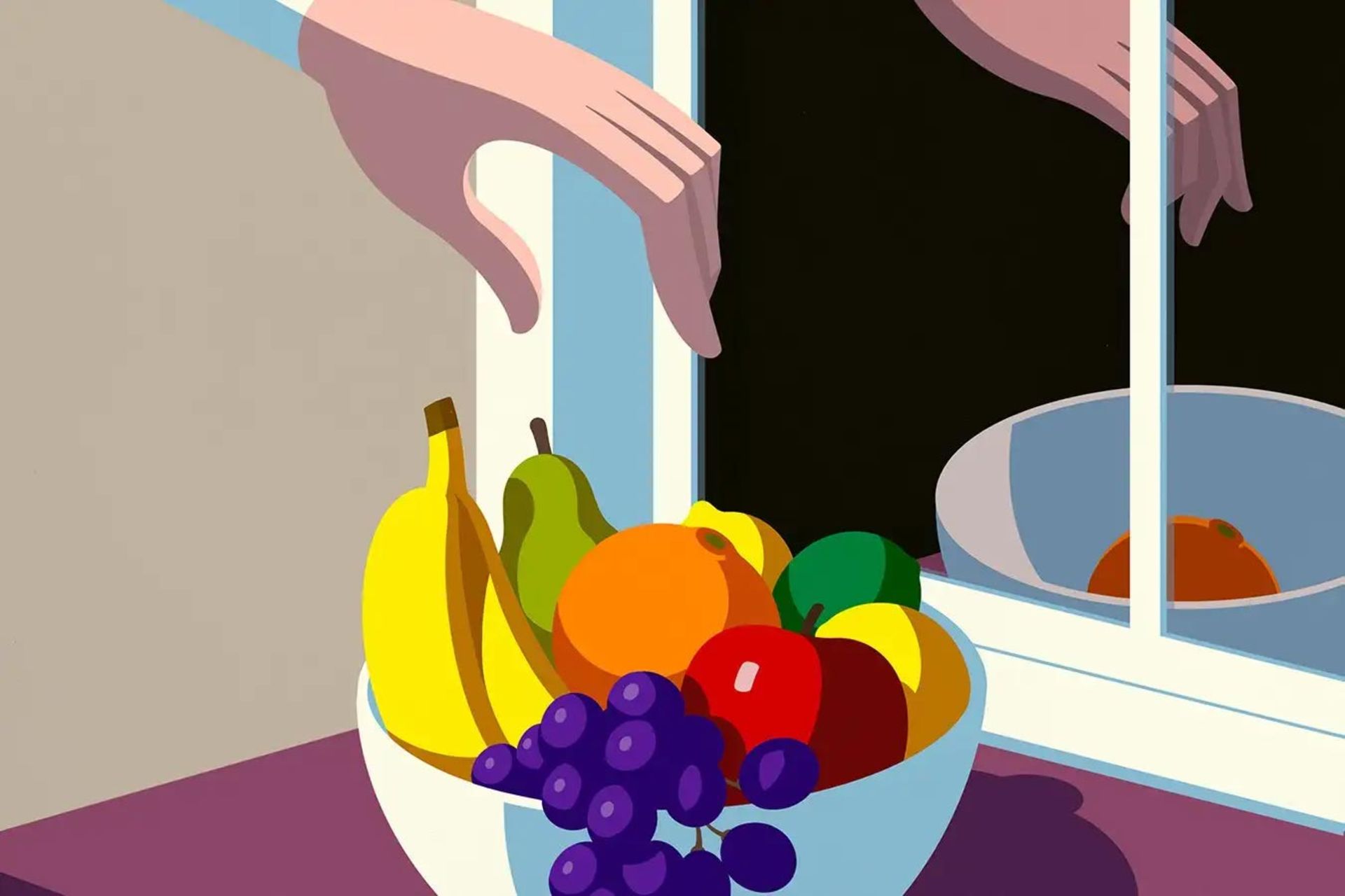 تصویرسازی از دست انسان درمقابل آینه درصدد برداشتن میوه از ظرف