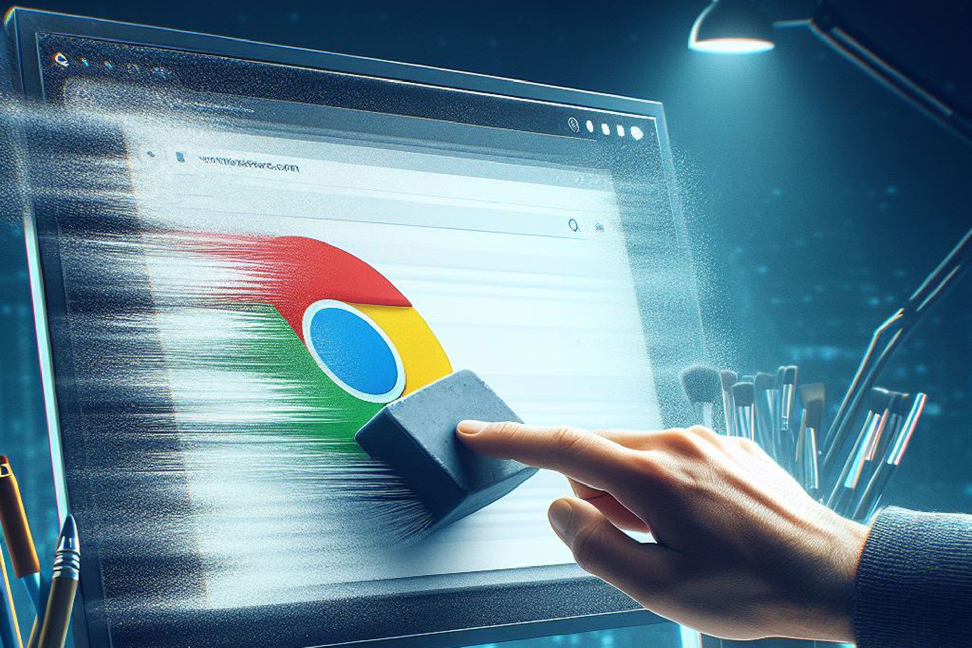دستی درحال پاک کردن صفحه کروم با تخته پاک کن