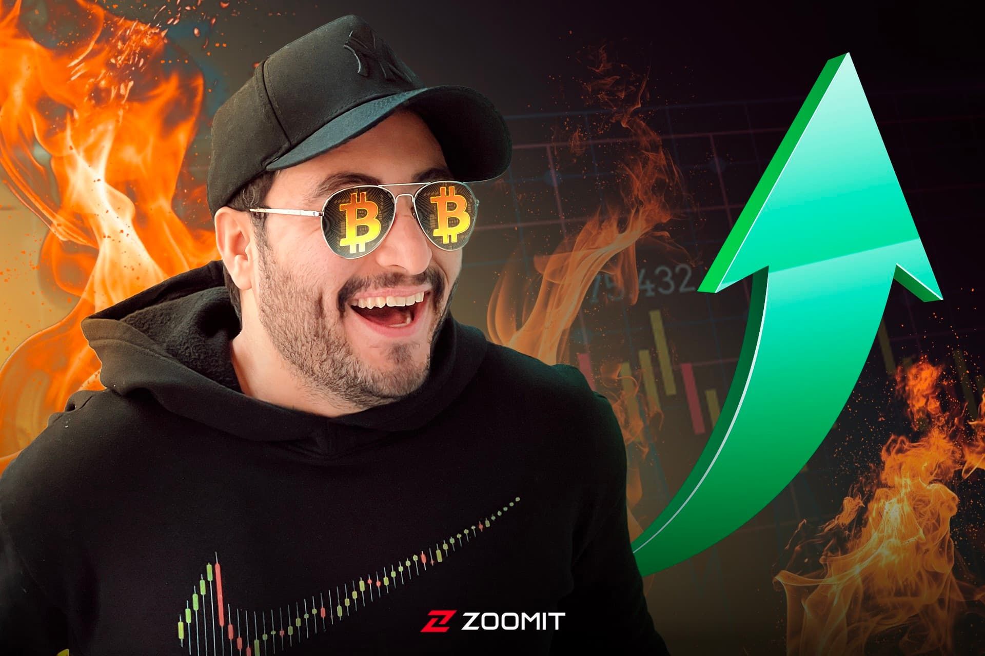 پسر جوان خوشحال از رشد قیمت بیت کوین و آتش در پس زمینه