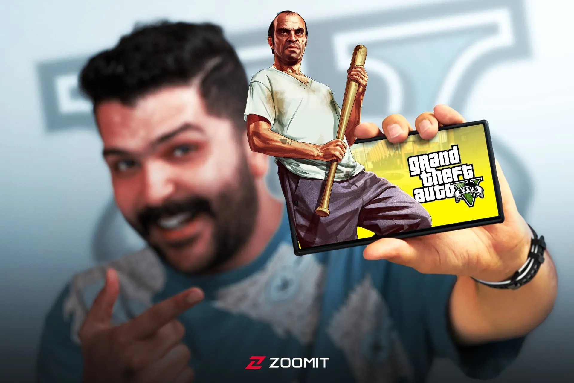 کاور بازی GTA V روی گوشی اندرویدی و پس زمینه پسر خوشحال