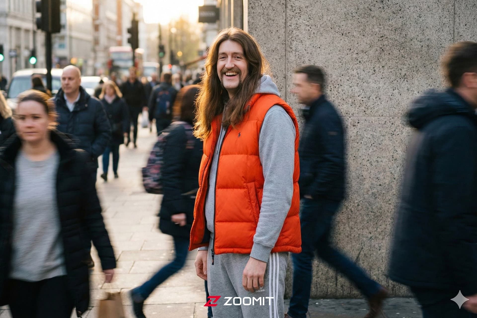 مردی با سبیل و موهای بلند با حالت چهره‌ی خندان در خیابان