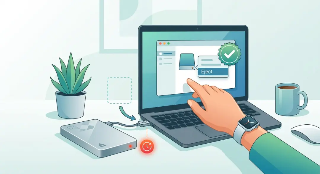 هارد اکسترنال متصل به لپ‌تاپ با آیکون خروج ایمن (Eject)