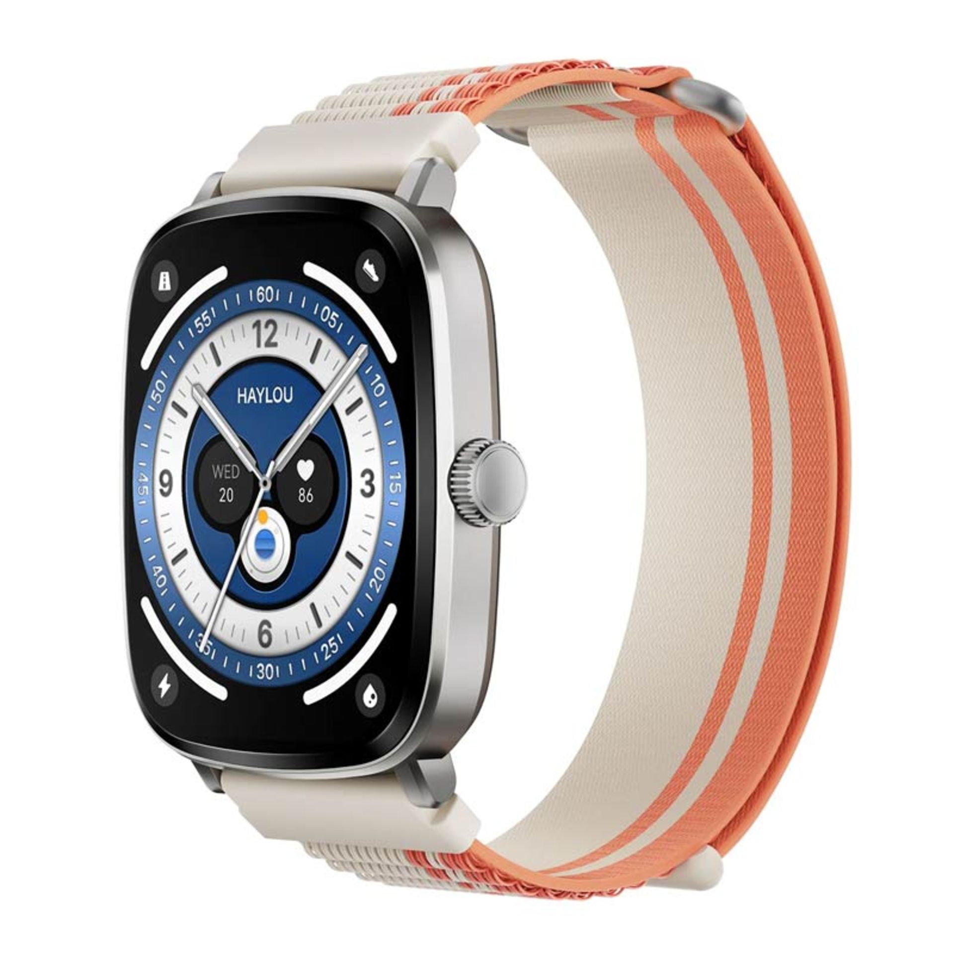 ساعت هوشمند هایلو RS5 رنگ نقره‌ای با بند اسپورت سفید نارنجی حصیری از نمای نیمرخ