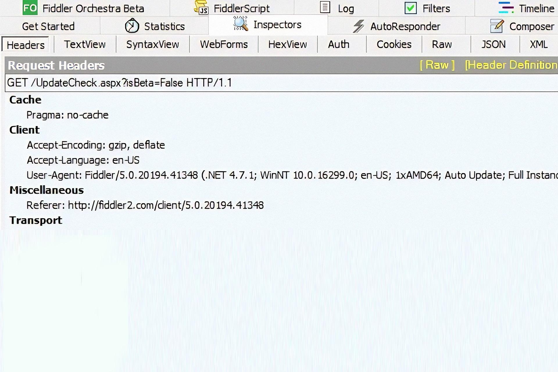 بخش Headers در سربرگ Inspector در برنامه Fiddler