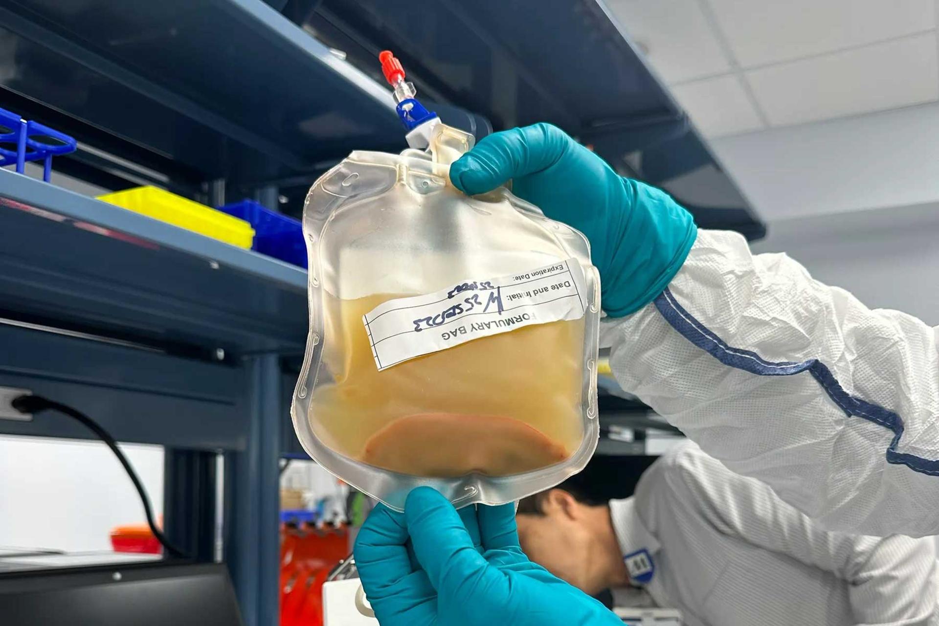 پژوهشگر کیسه‌ای حاوی سلول‌های کبدی را در دست گرفته است