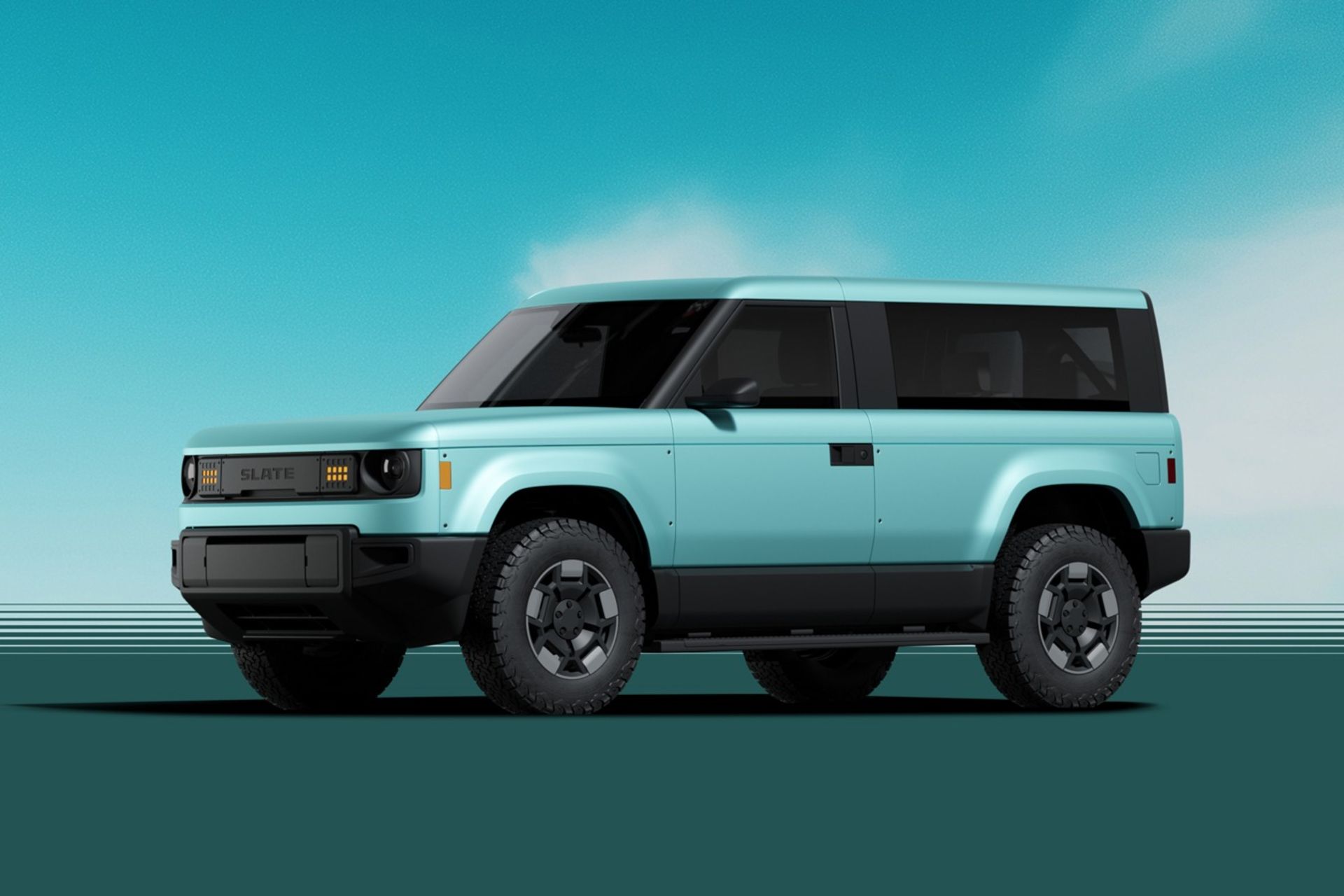 نمای سه‌چهارم جلو وانت برقی اسلیت در فرم SUV دودر