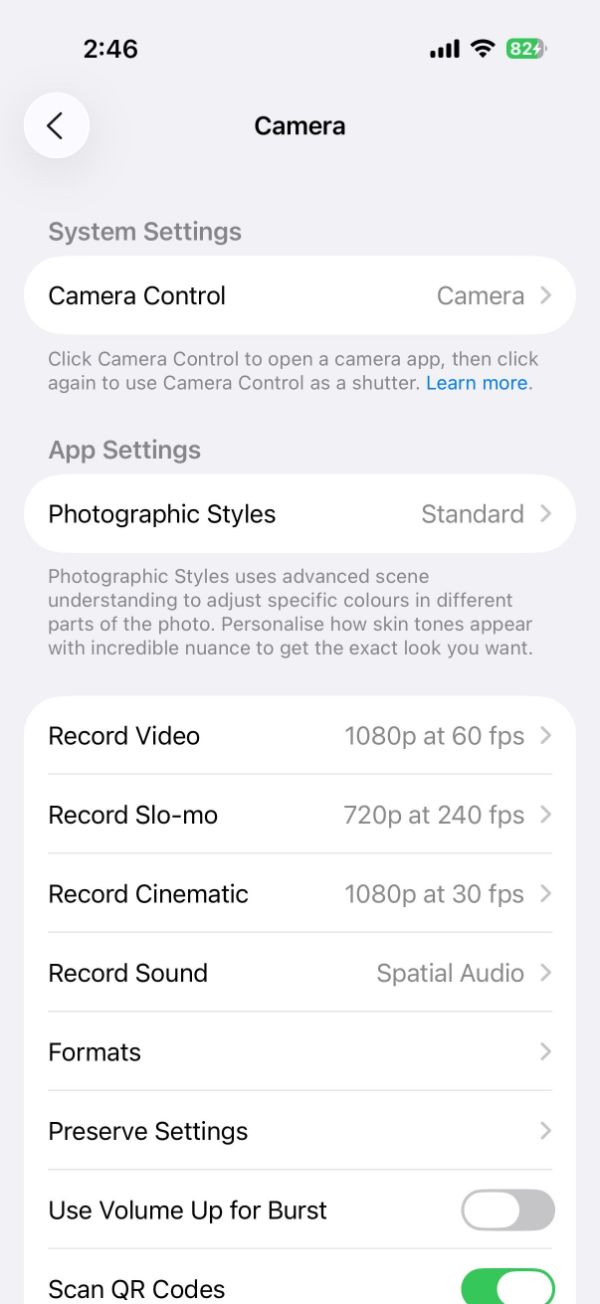 تنظیمات اپلیکیشن دوربین در iOS