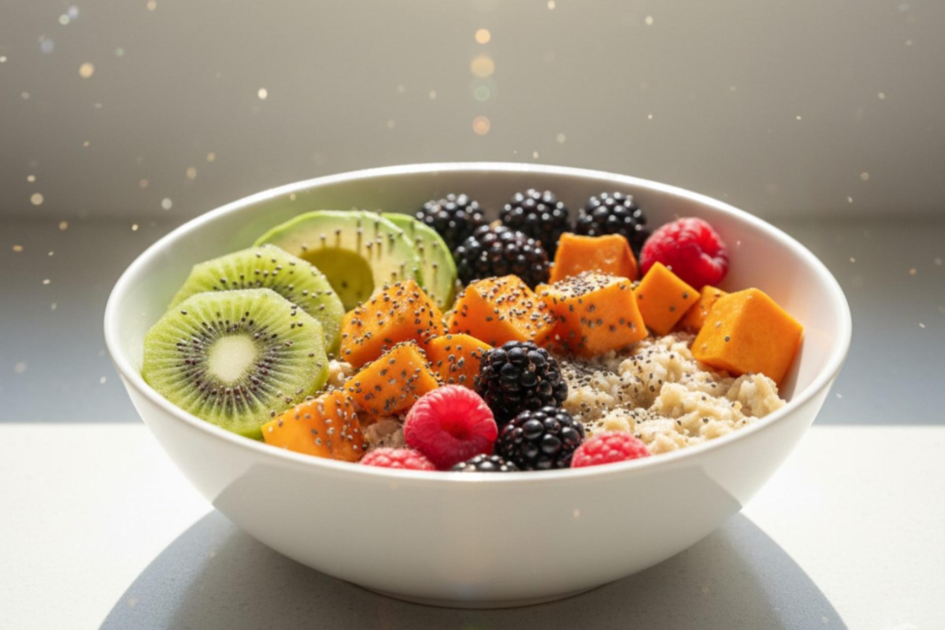 کاسه سفید حاوی غذای پرفیبر در یک محیط مینیمال با پس‌زمینه مینیمال