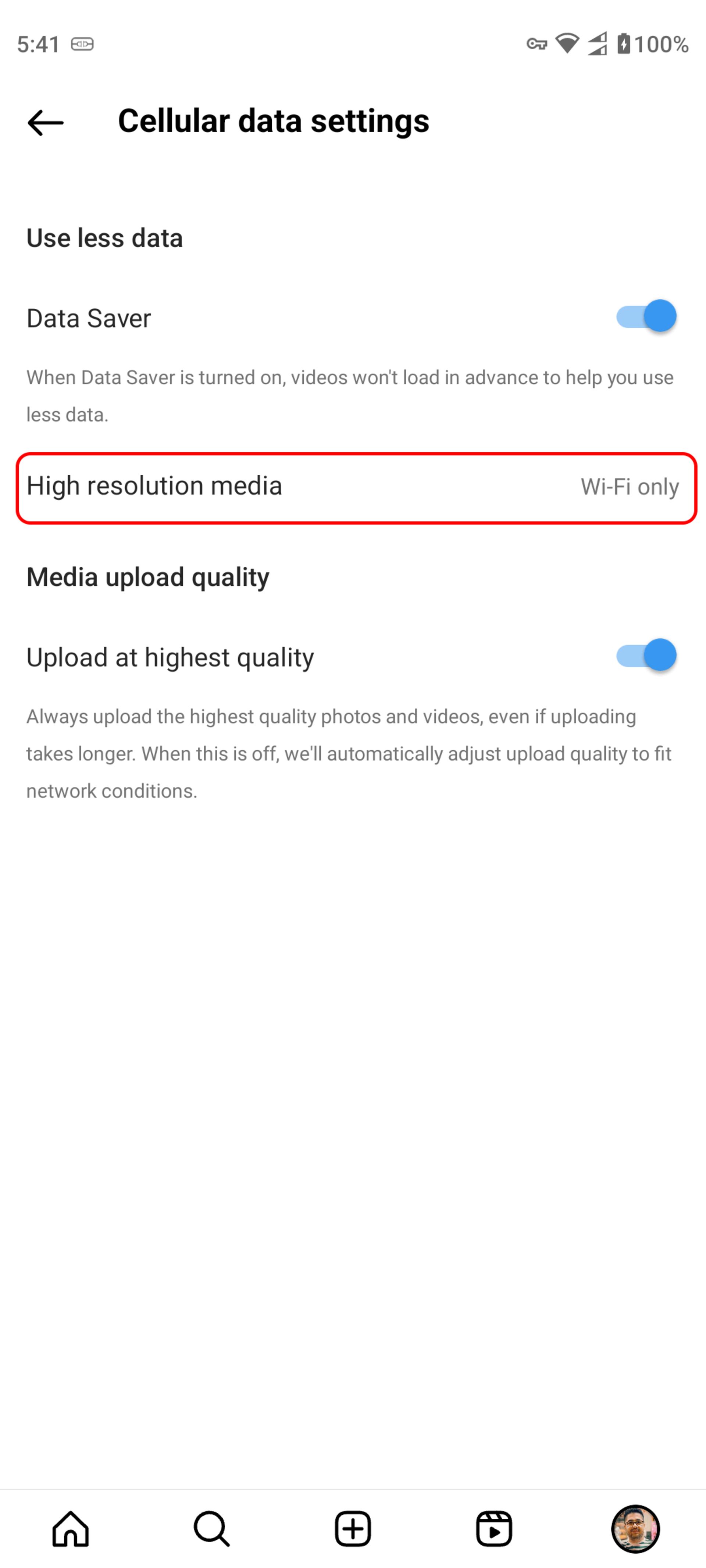 صفحه Cellular data settings‌ اینستاگرام