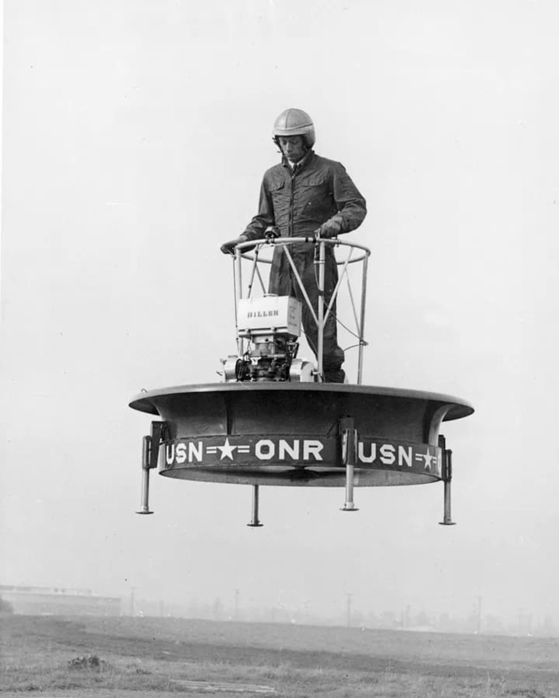 A man on a Healer flying platform device