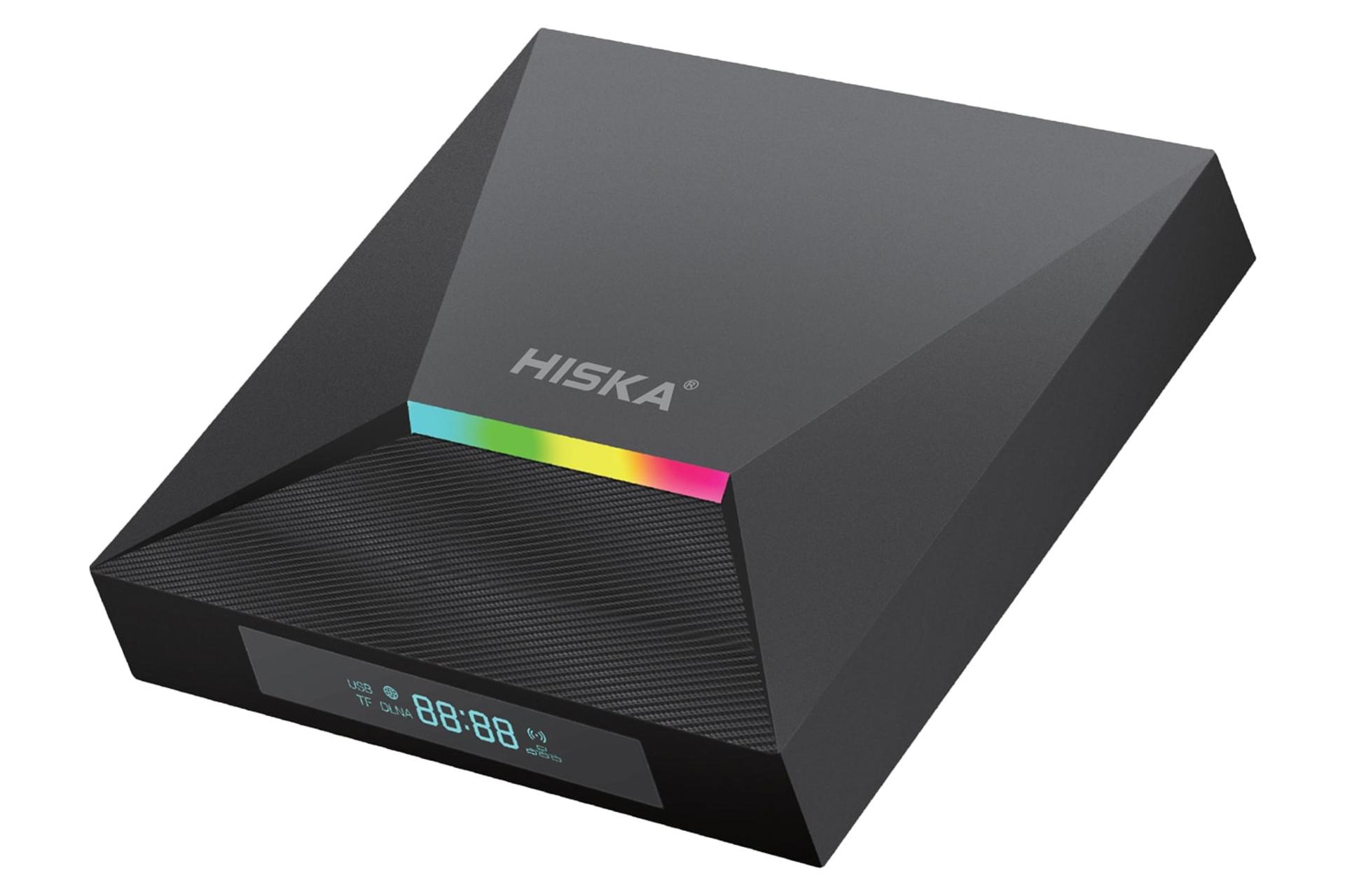 نمای نیمرخ اندروید باکس هیسکا باکس A12 با نمایشگر روشن، نمایش نورپردازی و لوگو