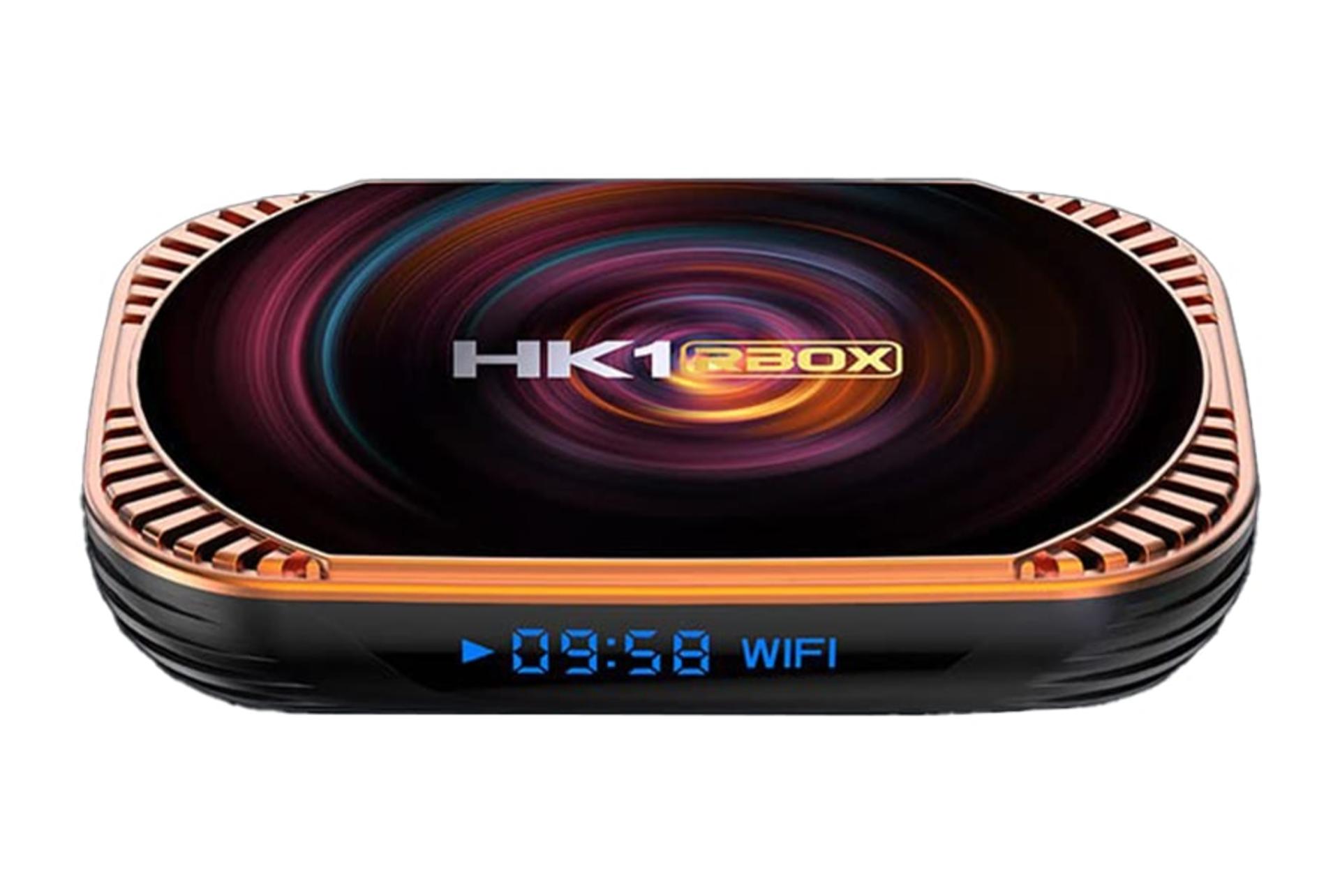 نمای رو به روی اندروید باکس اچ کی وان RBOX X4 با نمایشگر روشن و نمایش لوگو