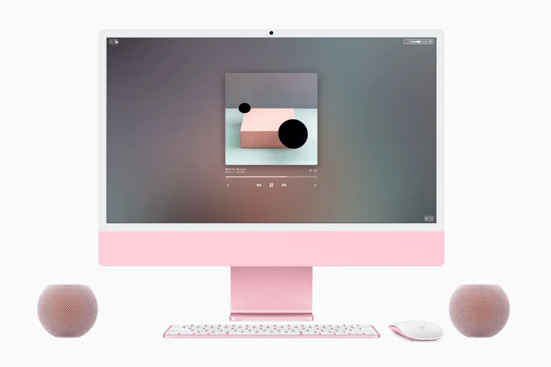 کامپیوتر رومیزی هوم‌پاد مینی ۲ (HomePod mini 2) با بدنه صورتی و اسپیکرهای هوشمند