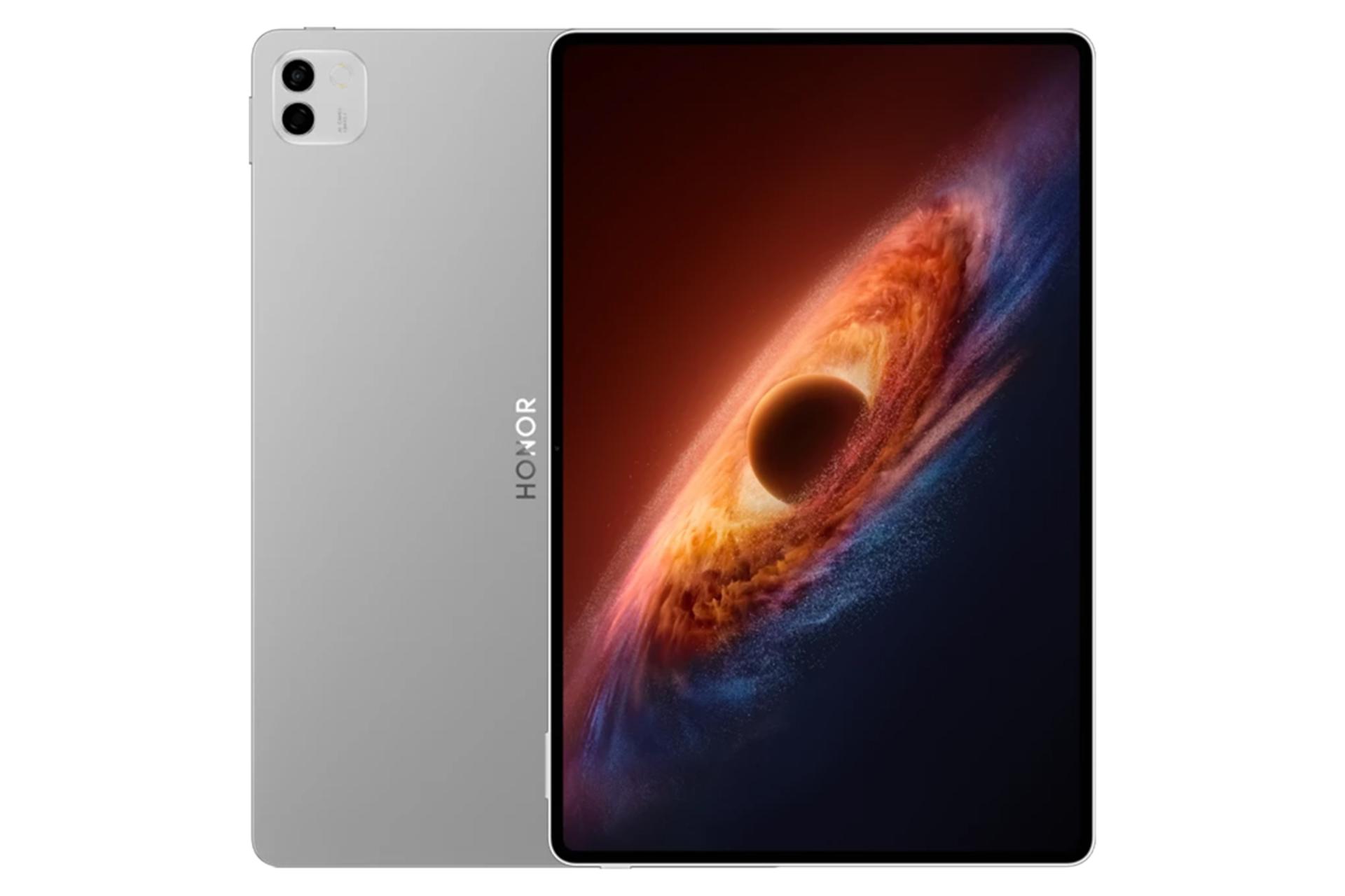 نمای کلی تبلت آنر مجیک پد 4 / HONOR MagicPad4 با نمایشگر روشن و نمایش دوربین و لوگو