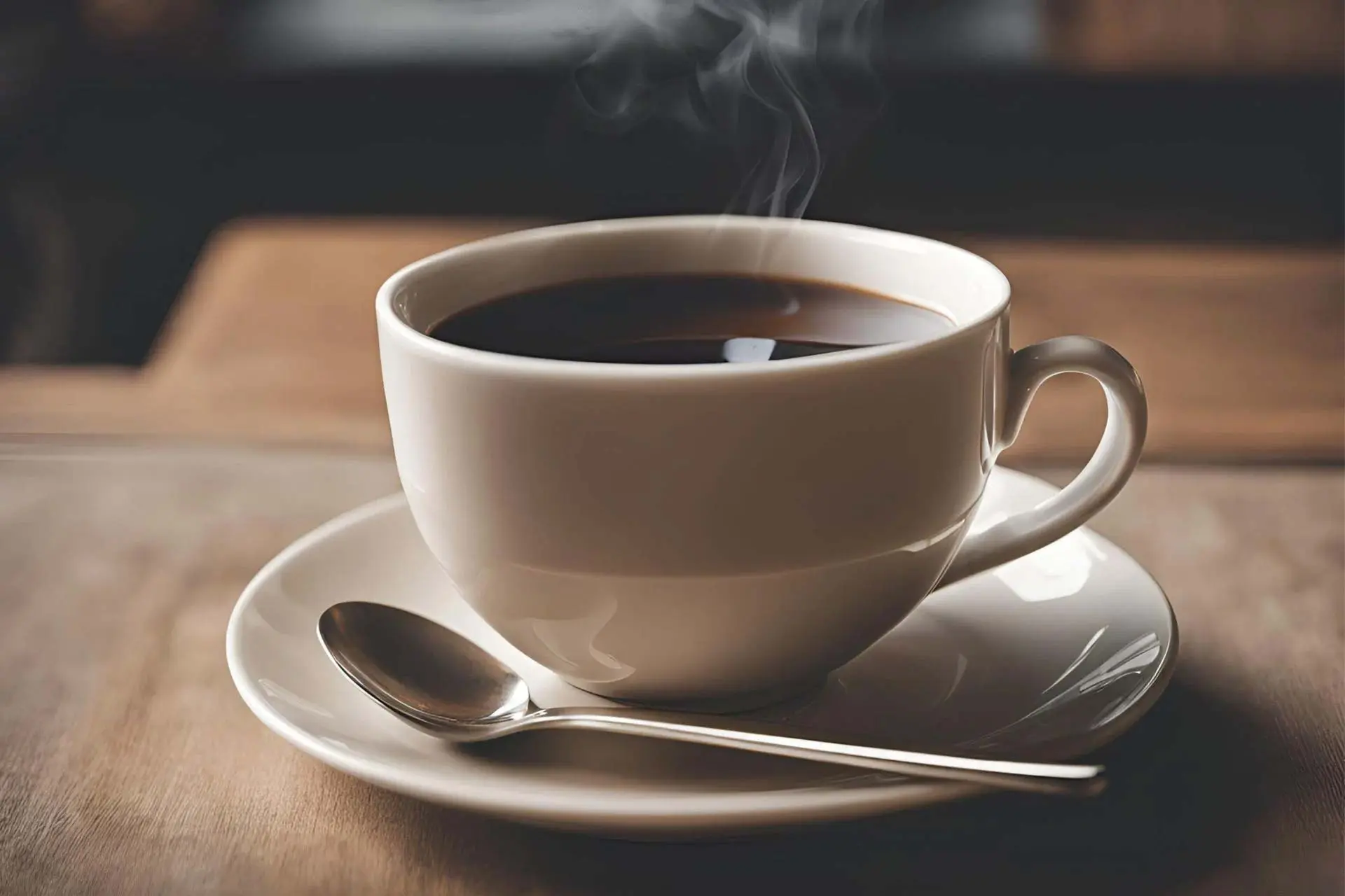 فنجان سفید حاوی قهوه یا چای روی نعلبکی و در کنار قاشق