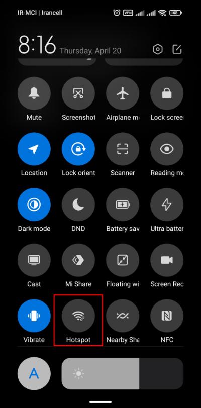 Xiaomi's drop-down menu and hotspot option with a line drawn around it