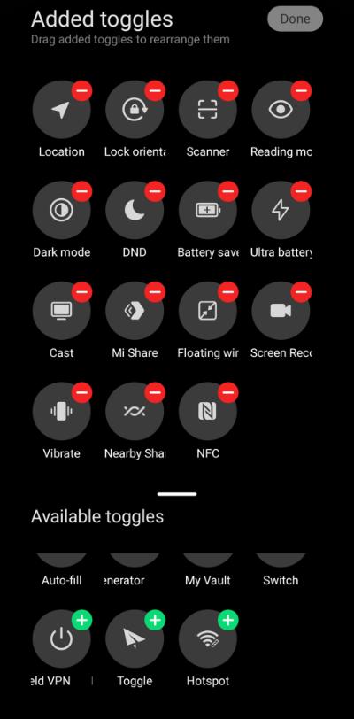 Various shortcut icons of the Xiaomi drop-down menu