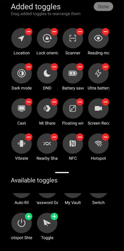 Hotspot added to various shortcut icons of the Xiaomi drop-down menu