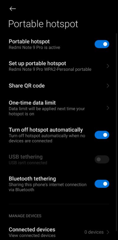 Xiaomi hotspot settings page