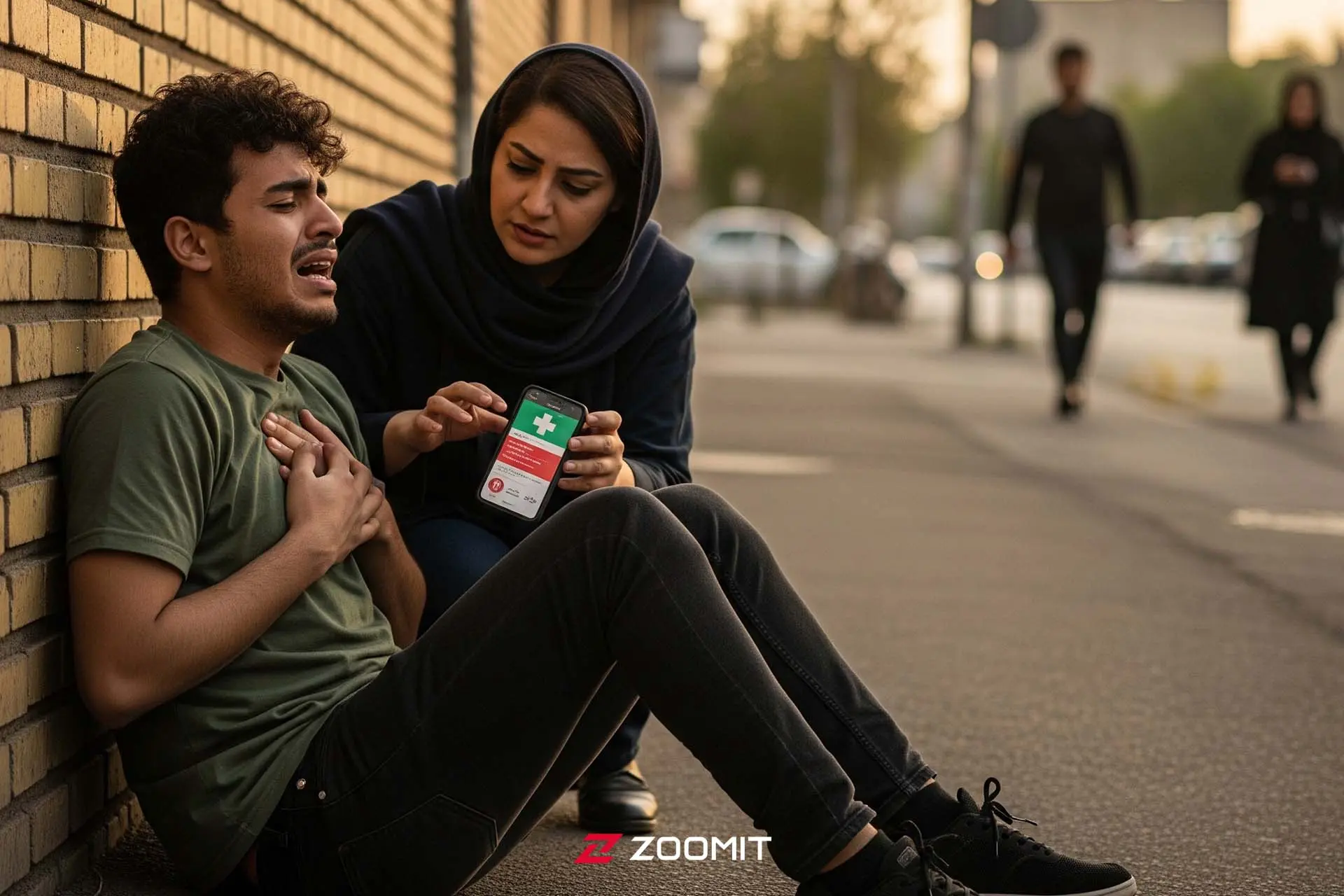 تصویر هوش مصنوعی زن در حال کمک به مرد بیمار از طریق  اطلاعات پزشکی گوشی