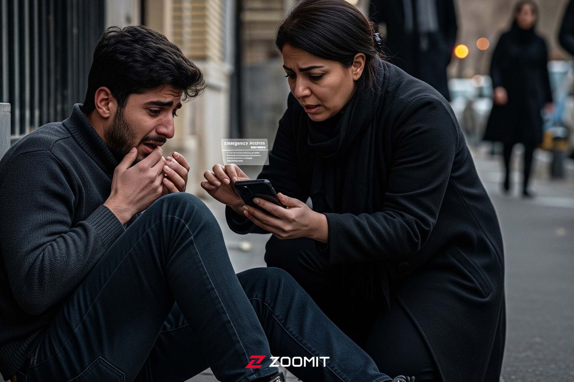 تصویر هوش مصنوعی زن در حال کمک به مرد بیمار از طریق  اطلاعات پزشکی گوشی