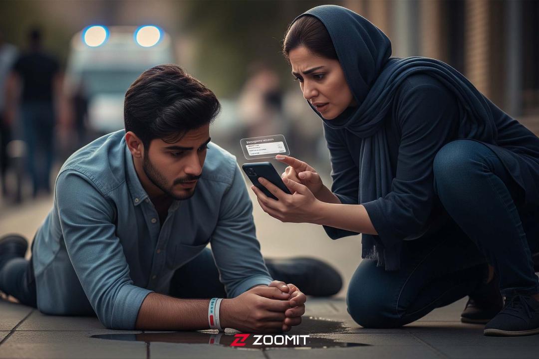 تصویر هوش مصنوعی زن در حال کمک به مرد بیمار از طریق  اطلاعات پزشکی گوشی
