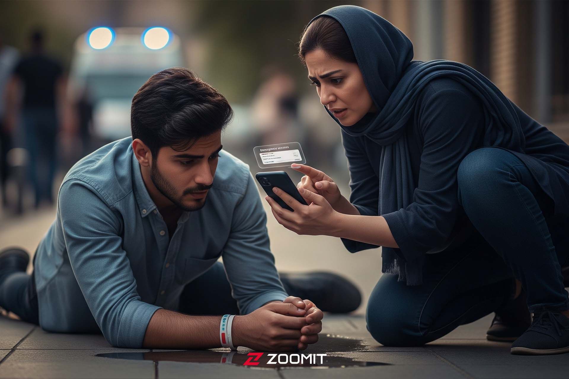تصویر هوش مصنوعی زن در حال کمک به مرد بیمار از طریق  اطلاعات پزشکی گوشی